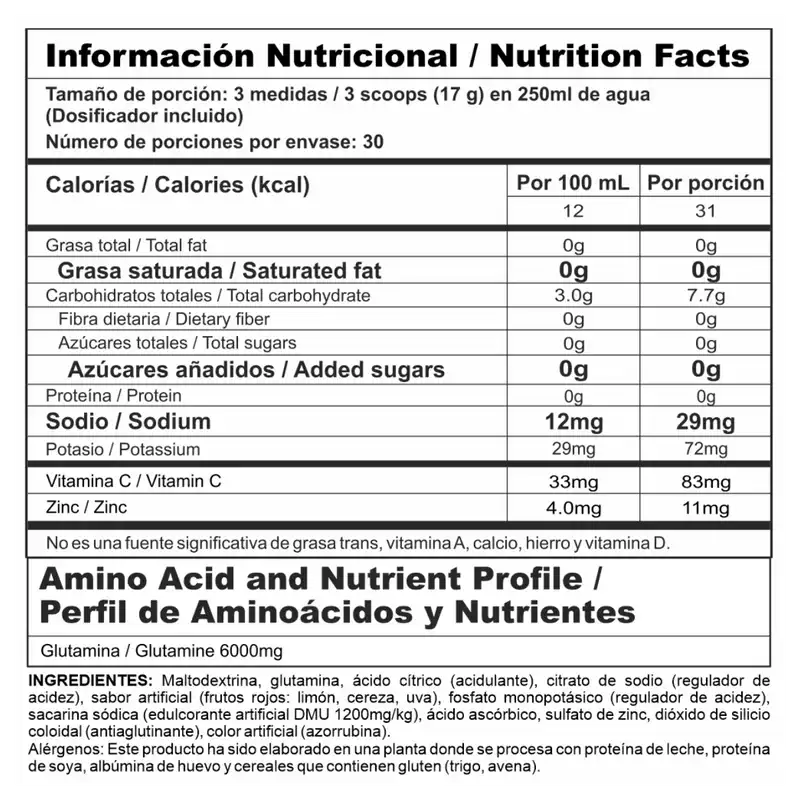 glutastack tabla nutricional